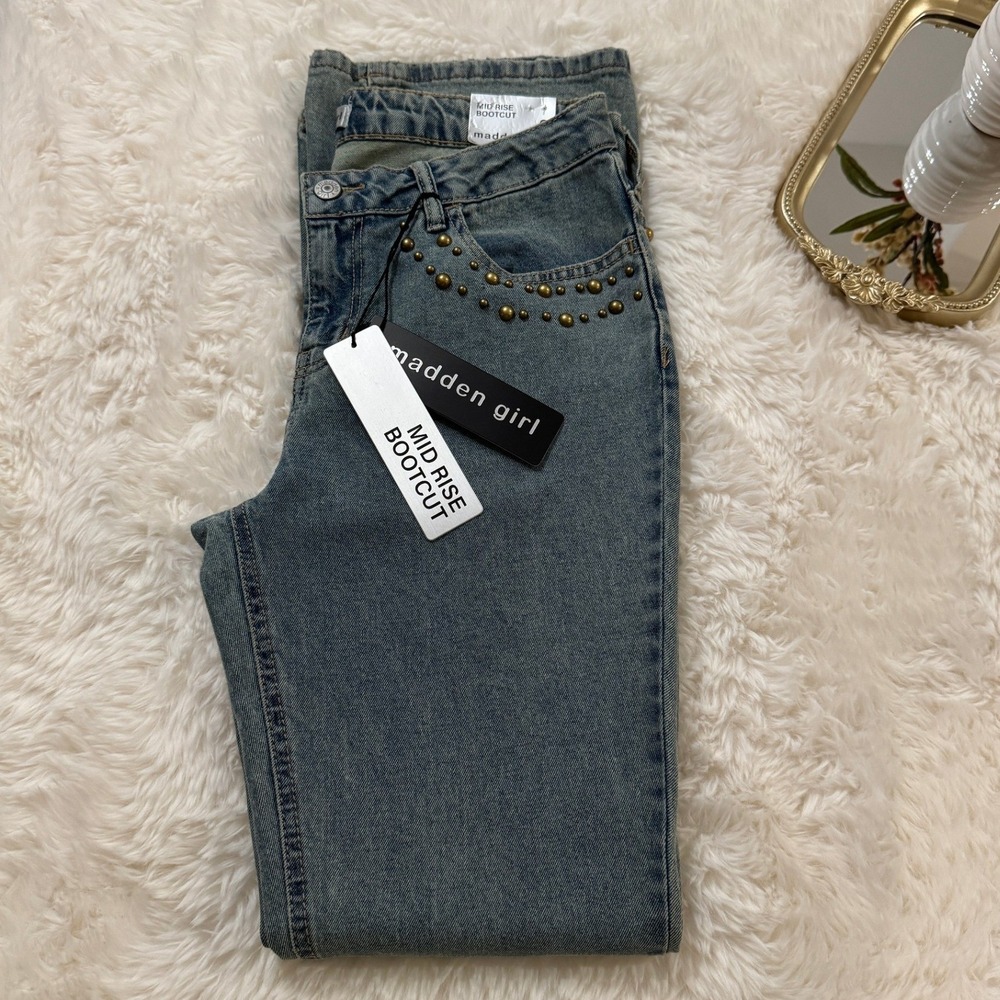 Madden Girl Mid Rise Bootcut Jeans Blue Studded Denim Size 9 NEW - Picture 10 of 10